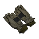 Olive camouflage Thinsulate winter gloves with elastic cuffs and adjustable straps for warmth and durability in cold weather