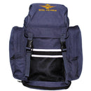 Blue British Royal Air Force backpack with embroidered insignia, durable canvas, multiple pockets, and adjustable straps.