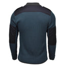 Back view of genuine Dutch military blue rib knit cold weather pullover sweater with reinforced shoulders and elbows