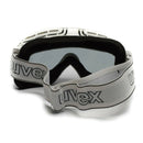 White UVEX French alpine goggles with adjustable strap and tinted lenses for UV and glare protection.