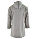 Back view of a genuine German army parka military surplus long coat with a hood and winter lining.