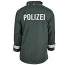 Back view of genuine German police GoreTex parka jacket in green with reflective Polizei lettering and cuff bands