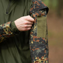 Close-up of MFH Brand U.S. Military style flecktarn camo combat tactical shirt sleeve with hook and loop patch