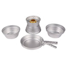MIL-TEC aluminum camping cookware set with two pots, pan, and compact brass burner for hiking and outdoor cooking.