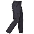 Black Mil-Tec U.S. Army-style cargo ripstop trousers with reinforced knees and adjustable waist for durability and comfort.