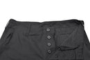 Close-up of Mil-Tec U.S. Army style black ripstop cargo trousers with button fly and reinforced fabric waistband.