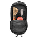 Open MIL-TEC U.S. Assault style 20L black tactical backpack showing organized storage with rope, multitool, and container inside.