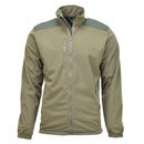 Olive green Belgian military fleece jacket with full zip, chest pocket, and wind-resistant softshell panels on shoulders.
