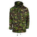 Original British Army DPM camouflage military field jacket parka with hood and multiple pockets, windproof and adjustable fit