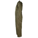 Side view of Original Dutch Army olive green overall suit with adjustable waist and durable fabric design