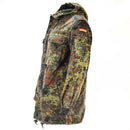 Original German army field jacket parka with hood in flecktarn camo pattern and German flag patch on arm.