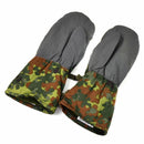 Original German army flecktarn camo winter mittens with fleece lining, leather grip, and adjustable wrist strap for cold weather.