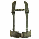 Original German army tactical webbing rig with adjustable combat belt and shoulder harness in olive green Cordura Nylon.