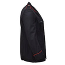 Original Italian Carabinieri black wool formal jacket with red stripes and silver buttons, side view.