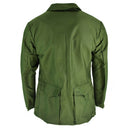 Back view of the original Swedish M59 green military field jacket made from durable fabric with rear pockets.