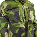 Close-up of Original Swedish Army M90 jacket in splinter camouflage with multiple pockets and durable fabric.