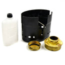 Original Swedish army Trangia SVEA spirit burner camping stove with brass burner, stove base, and plastic fuel bottle kit