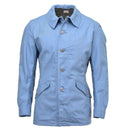 Light blue vintage Swedish Civil Defense jacket with button closure and flap pockets, durable and stylish military outerwear.
