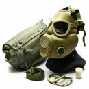 Polish Military MP-4 gas mask in grey olive with carrying bag, straps, and filter accessories on display.