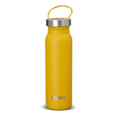 Yellow Primus Klunken 700ml stainless steel water bottle with cork lid and carrying loop for outdoor hiking.