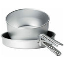 Gray aluminum folding pot gripper securing lightweight camping pots and pans for outdoor cooking convenience