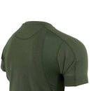 Rear view of olive green TEXAR military base layer short sleeve undershirt with breathable mesh panels and reinforced stitching