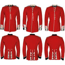Three genuine British army red scarlet dress uniform jackets with gold buttons and black-trimmed cuffs shown front and back.