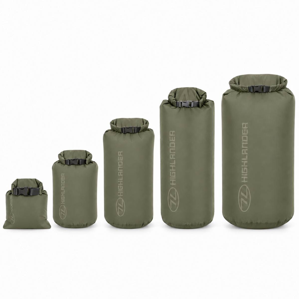 Original schottische Militär-Trockentaschen, 1 l–40 l, Rollverschluss, Schnellverschluss, Olivgrün