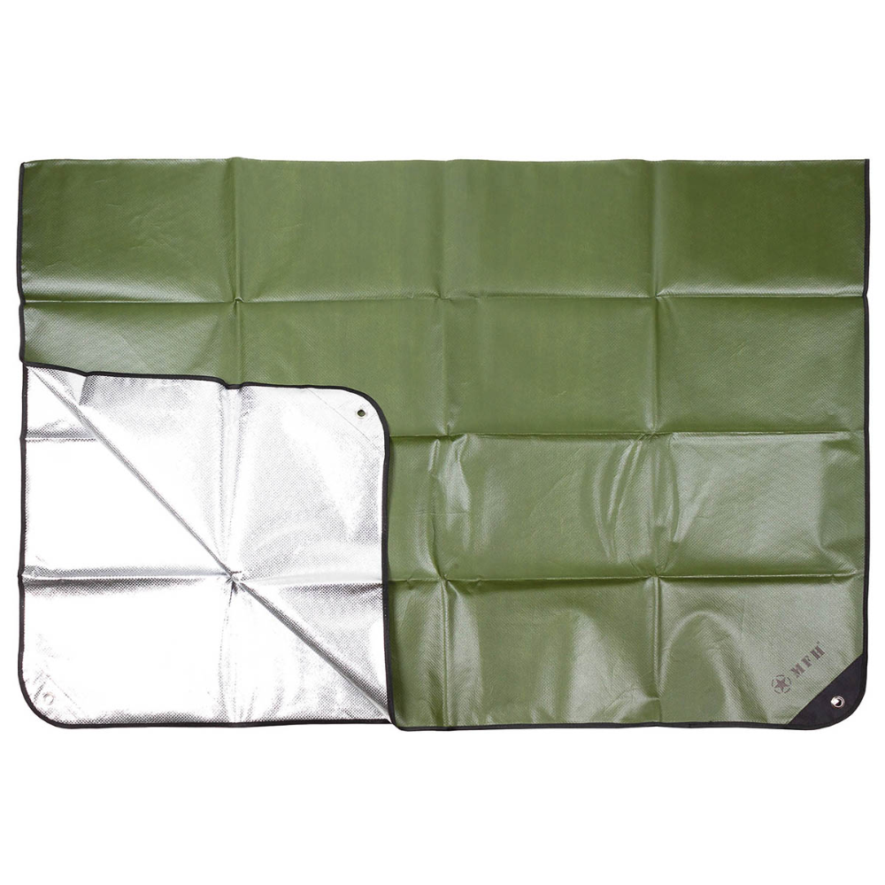 MFH Notfallplane, 210 x 150 cm, aluminiumbeschichtete Camping-Bodenplane, OD-Grün