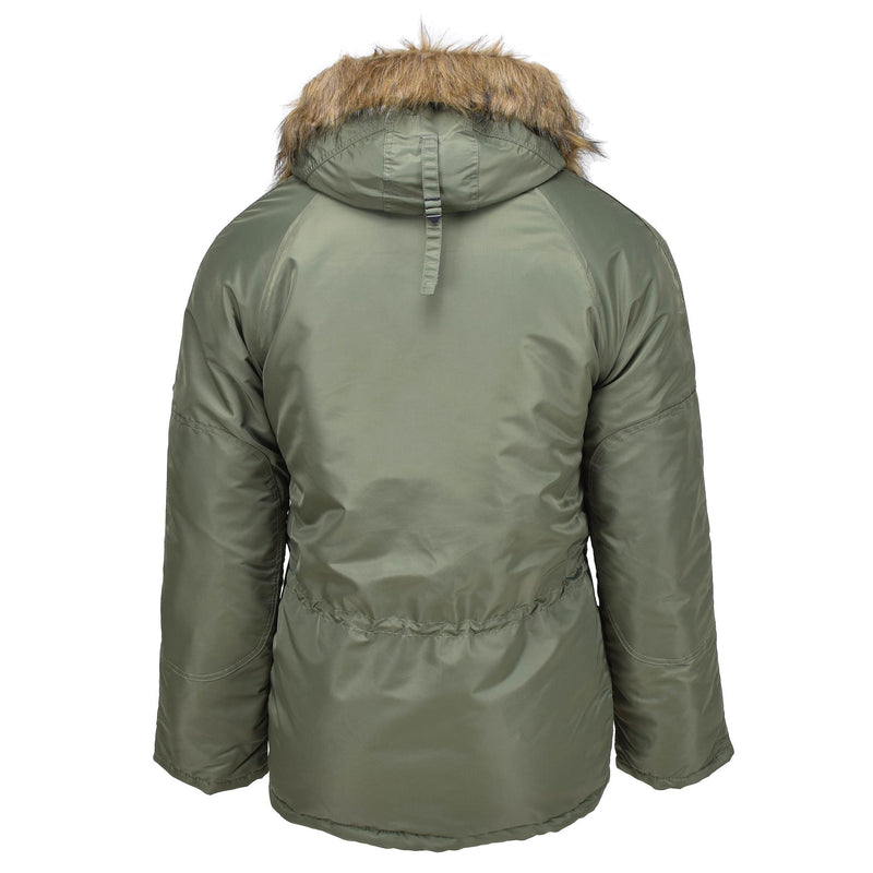 Parka aviateur style militaire américain de marque MIL-TEC N3B avec capuche en fausse fourrure olive NEUF