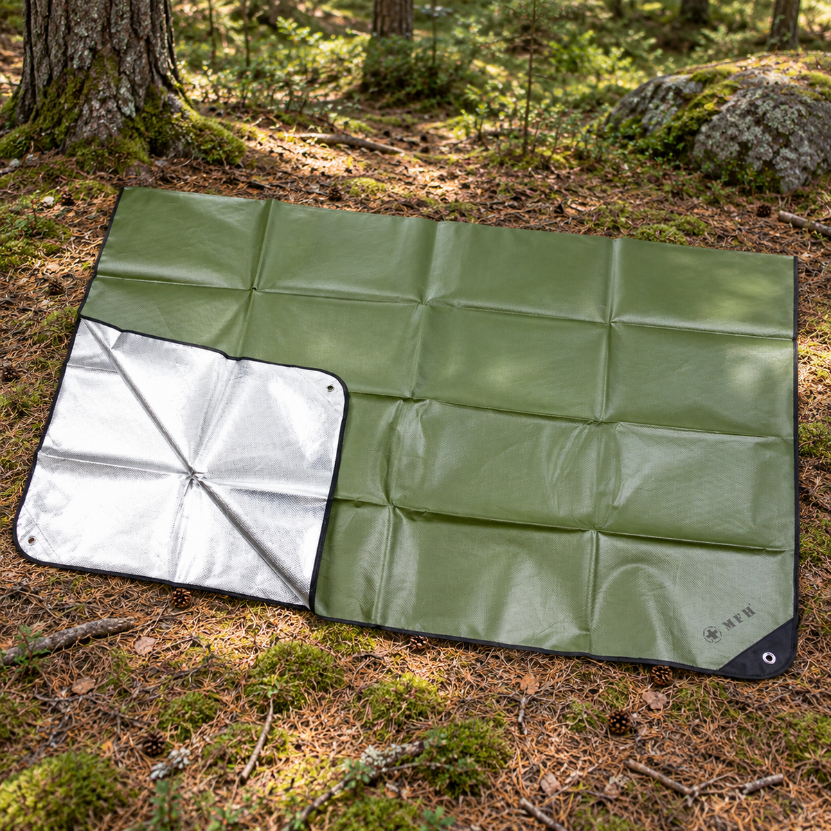 MFH Notfallplane, 210 x 150 cm, aluminiumbeschichtete Camping-Bodenplane, OD-Grün