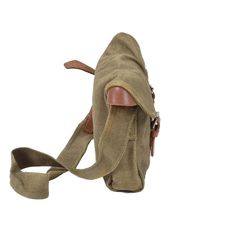 Sac à bandoulière militaire tchèque d'origine en toile, sac utilitaire avec bretelles en cuir vintage