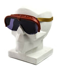 Genuine Italy military tanker goggles with brown plastic frame and dark blue lenses on white display head model