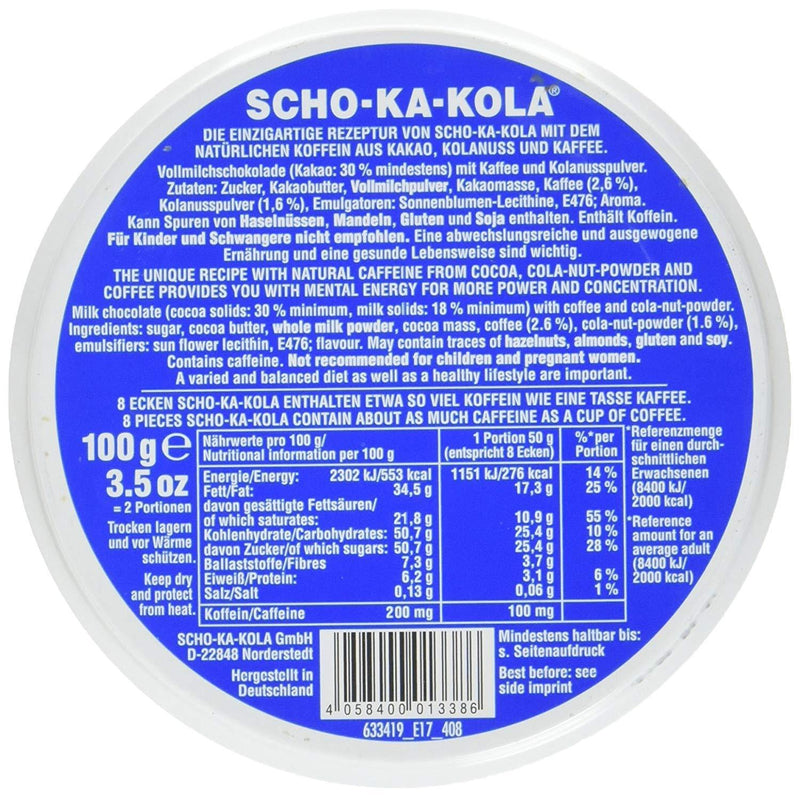 Energía alemana chocolate chocolate escolar con leche integral 100 g de estaño azul