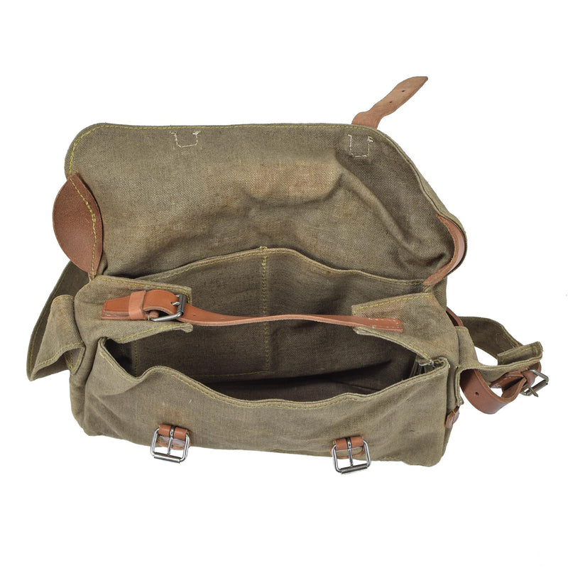 Sac à bandoulière militaire tchèque d'origine en toile, sac utilitaire avec bretelles en cuir vintage
