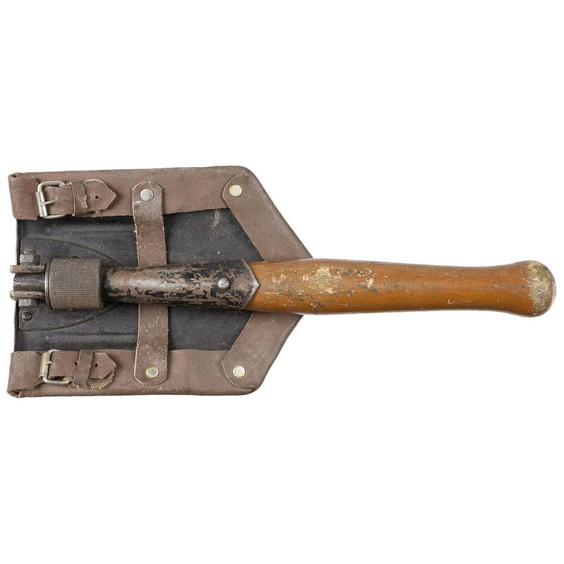 Original Romanian Army foldable serrated shovel wooden handle leather sheath