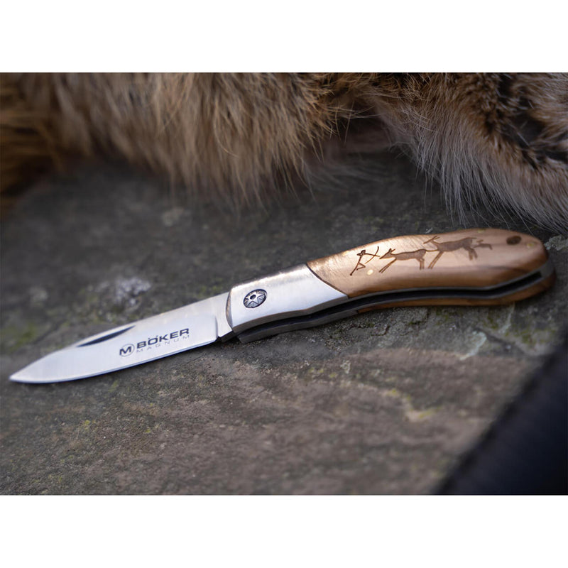 BOKER Caveman Steel pocket knife 440A uncoated steel decorated wooden handle