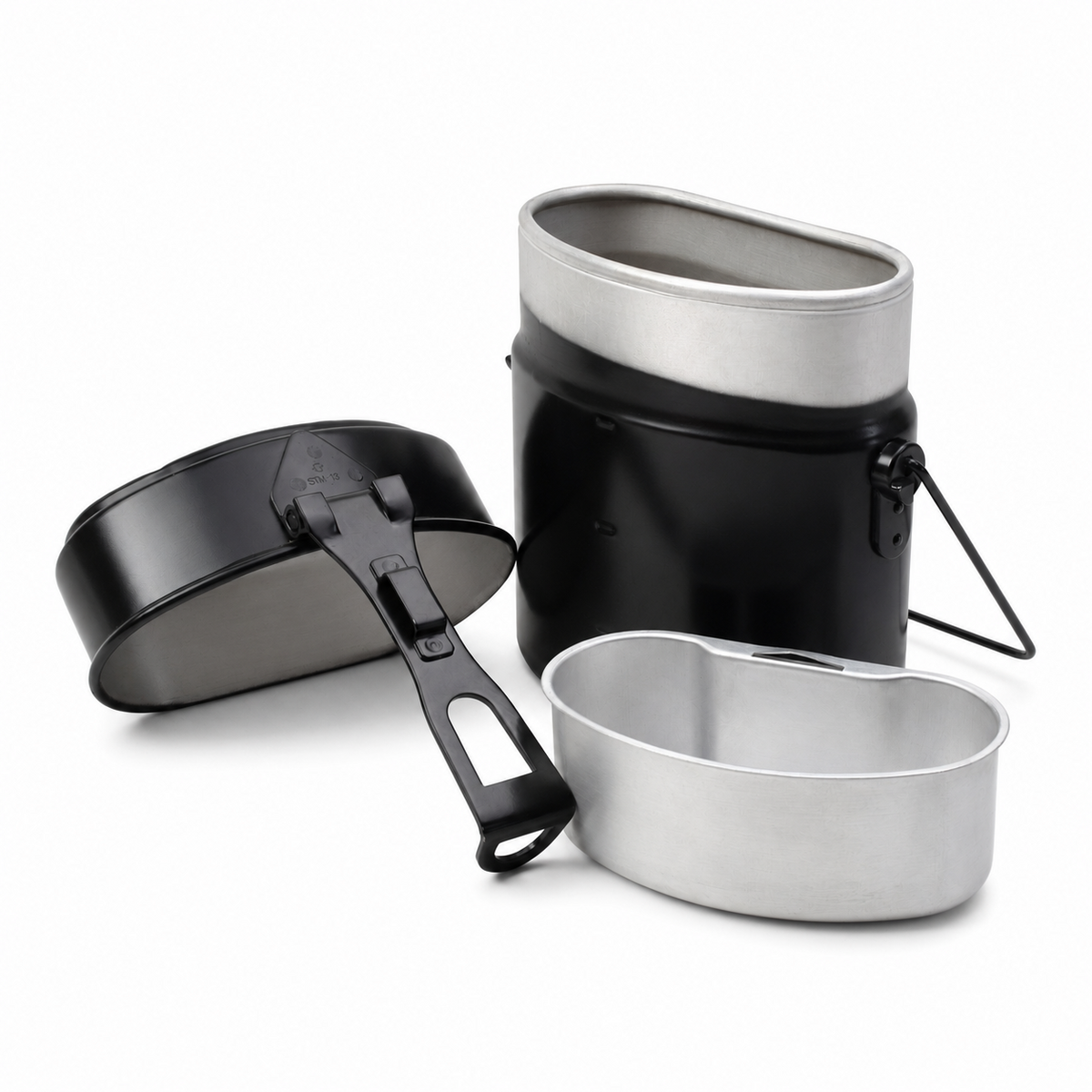 Original Swiss Army Mess Kit, 3-teiliges Aluminium-Camping-Kochset, Schwarz