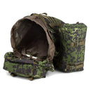 Large A.Blochl M84 camo mountain hiking daypack with padded straps, hip belt, D-rings, Molle loops, and 80L capacity open view