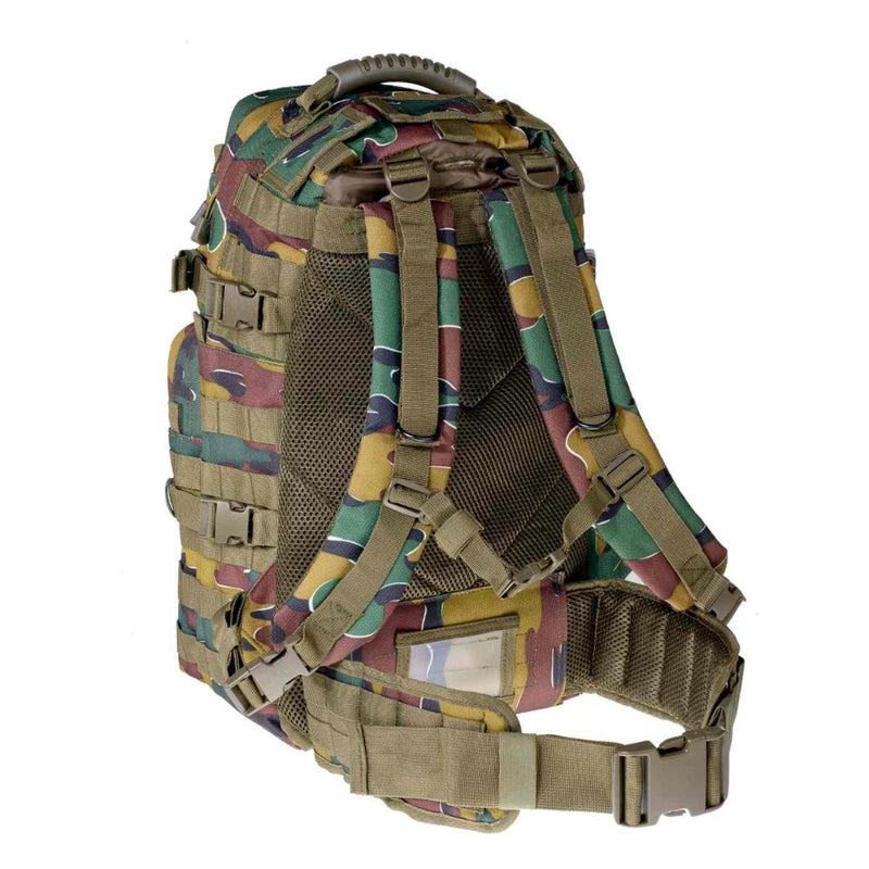 A.Blochl US tactical 40L daypack in Belgian jigsaw camouflage with MOLLE webbing and padded straps for outdoor use.