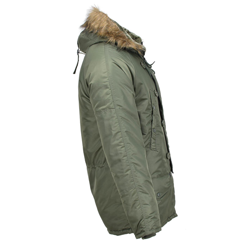 Parka aviateur style militaire américain de marque MIL-TEC N3B avec capuche en fausse fourrure olive NEUF