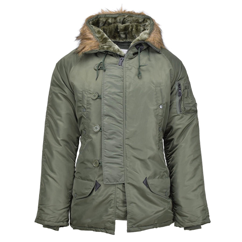 Parka aviateur style militaire américain de marque MIL-TEC N3B avec capuche en fausse fourrure olive NEUF