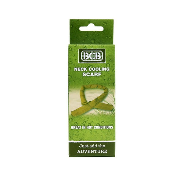 Green packaging of a neck cooling scarf with BCD branding on a white background