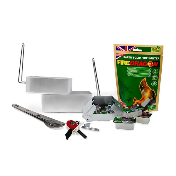 BCB outdoor cooking set with mess tins, cutlery, can opener, and FireDragon solid fuel firelighter blocks