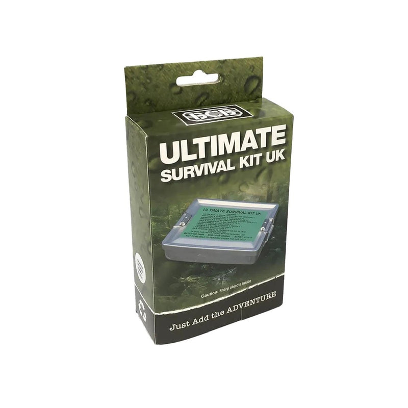 Boxed 'Ultimate Survival Kit UK' with green and black design on a white background