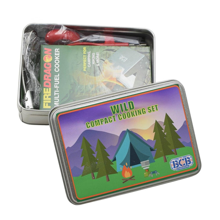 BCB WILD set da cucina compatto da campeggio con fornello a combustibile solido, cucchiaio, apriscatole e contenitore per escursioni all'aria aperta.