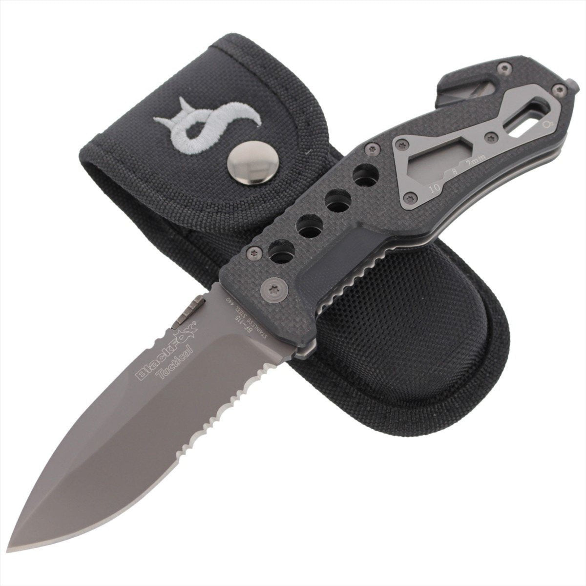 Coltello Tattico Tattico Black Fox BF-115 Lama AISI 440 Rompivetro Manico in G10