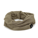 Khaki snood with a brand label on a white background