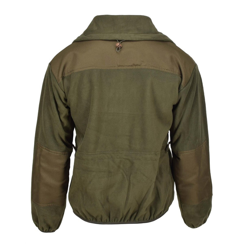 Back view of olive Blochl Brand Austrian military style fleece jacket with reinforced shoulder and elbow patches.