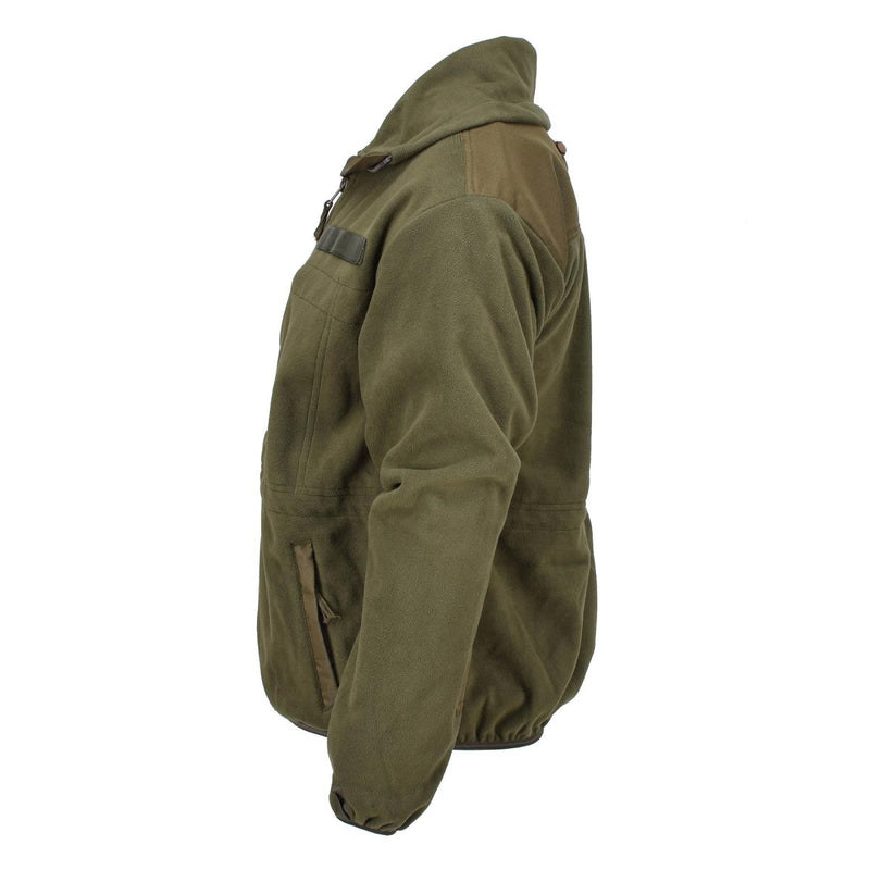 Olive green Austrian military style fleece jacket with high neck, full zip, adjustable waist, and chest epaulet detail.
